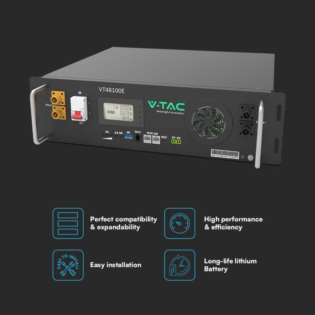 V-TAC Batteria di Accumulo 5.12kWh al Litio-Ferro-Fosfato LiFePO4 BMS Integrato Modulo da Rack per Inverter Fotovoltaici CEI 0-21 51.2V 100Ah Garanzia 10 Anni V-TAC Batteria di Accumulo 5.12kWh al Litio-Ferro-Fosfato LiFePO4 BMS Integrato Modulo da Rack per Inverter Fotovoltaici CEI 0-21 51.2V 100Ah Garanzia 10 Anni